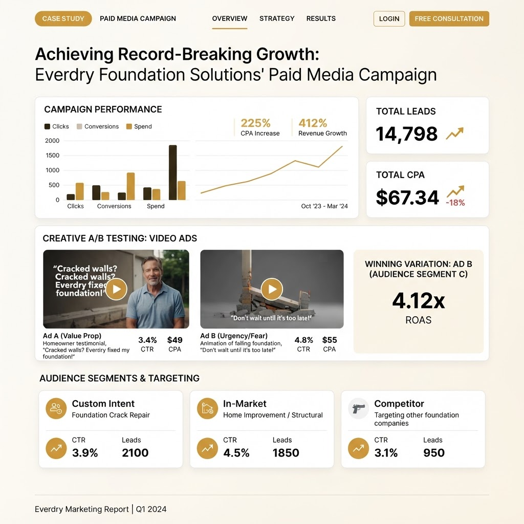 Screenshot of the foundation repair case study, showing paid media campaign performance charts and A/B tested video ad thumbnails