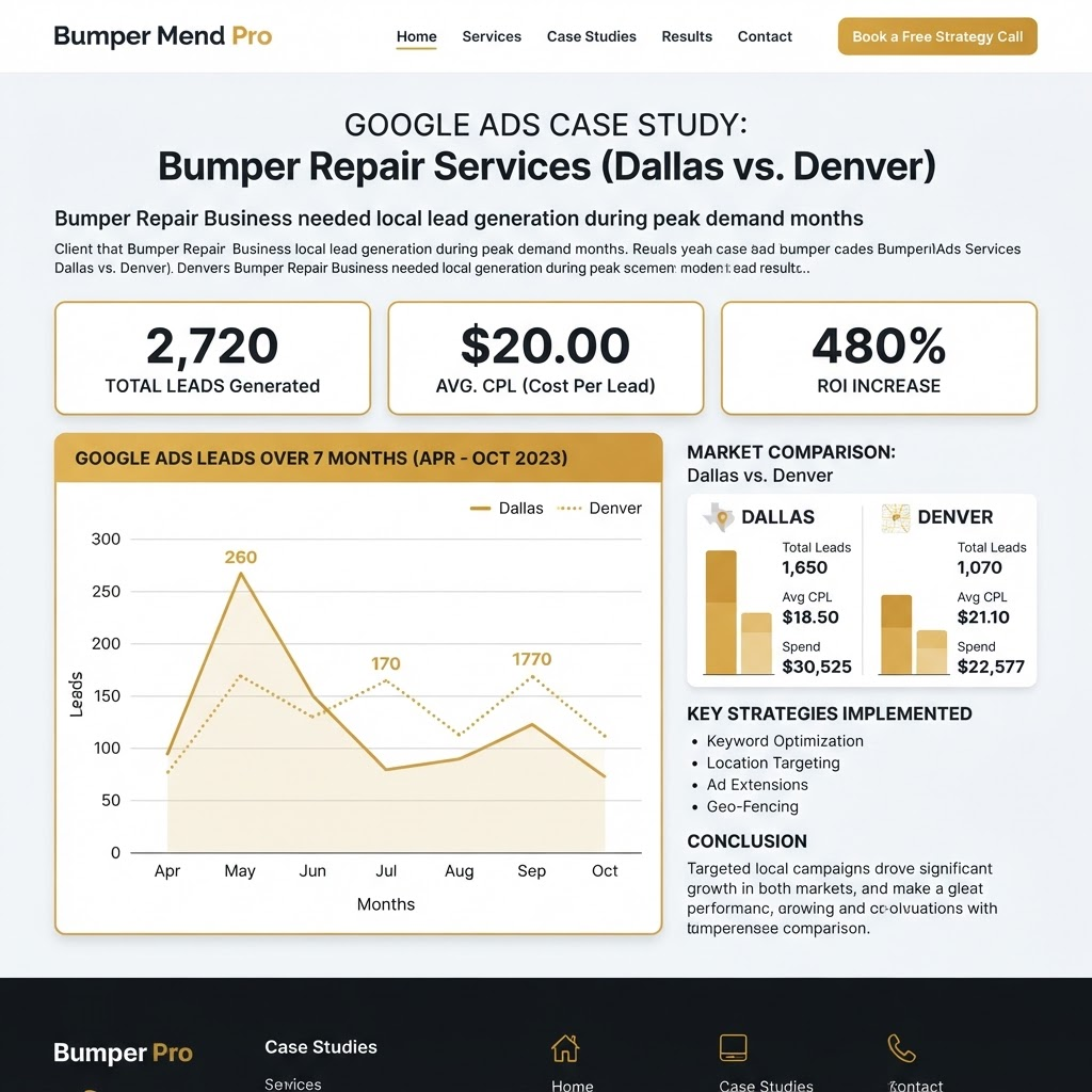 Screenshot of the bumper repair lead engine case study page with a chart of leads over 7 months and Dallas vs Denver cost-per-lead stats
