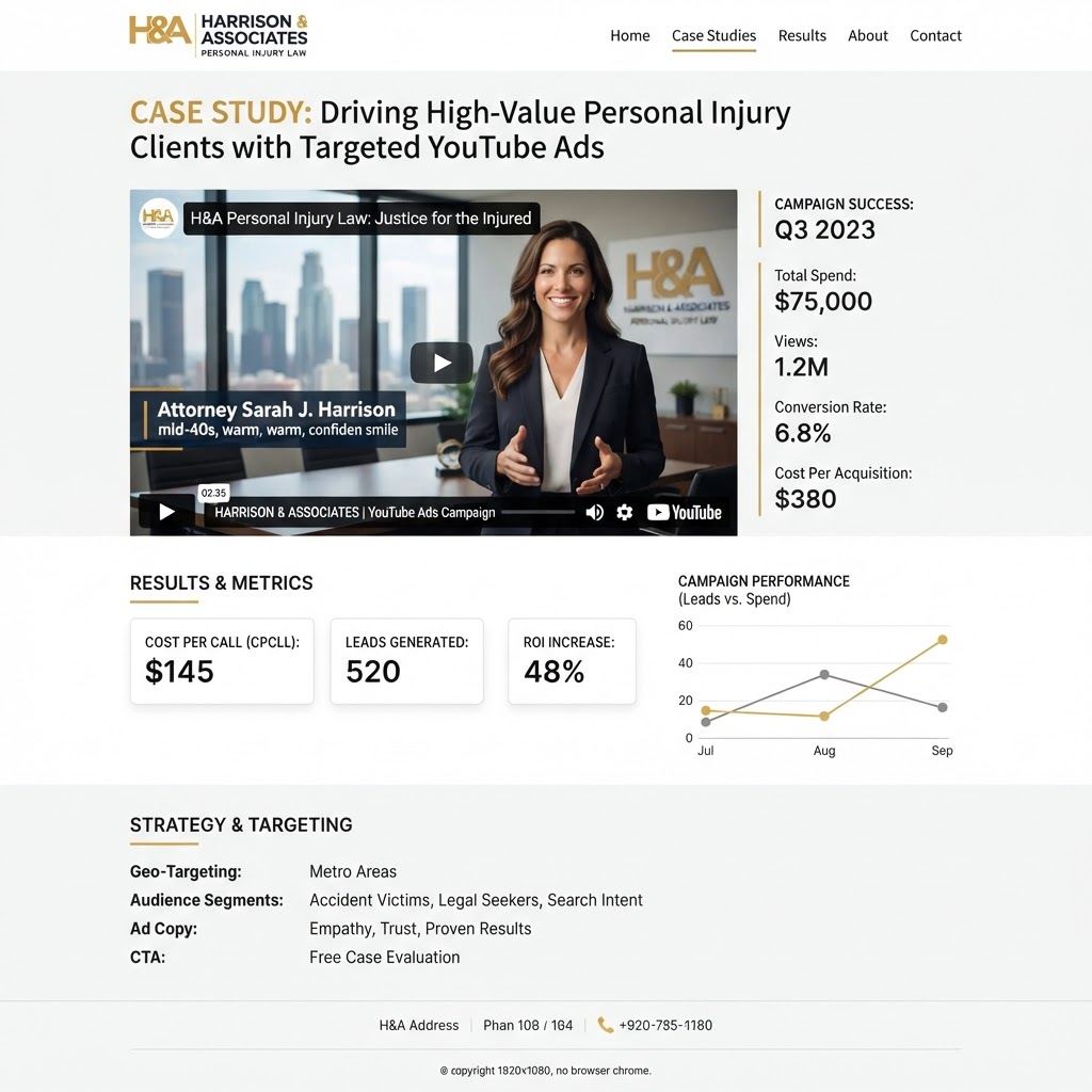 Screenshot of the personal injury law YouTube advertising case study, showing a video ad thumbnail and cost-per-call metrics