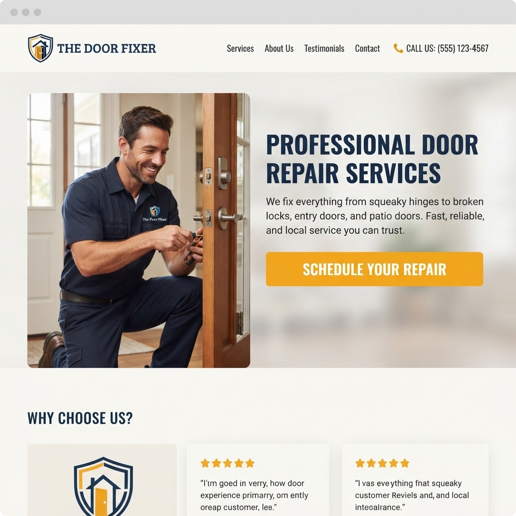 Screenshot of The Door Fixer website homepage, showing the brand, hero headline, and a call-to-action to book a door repair